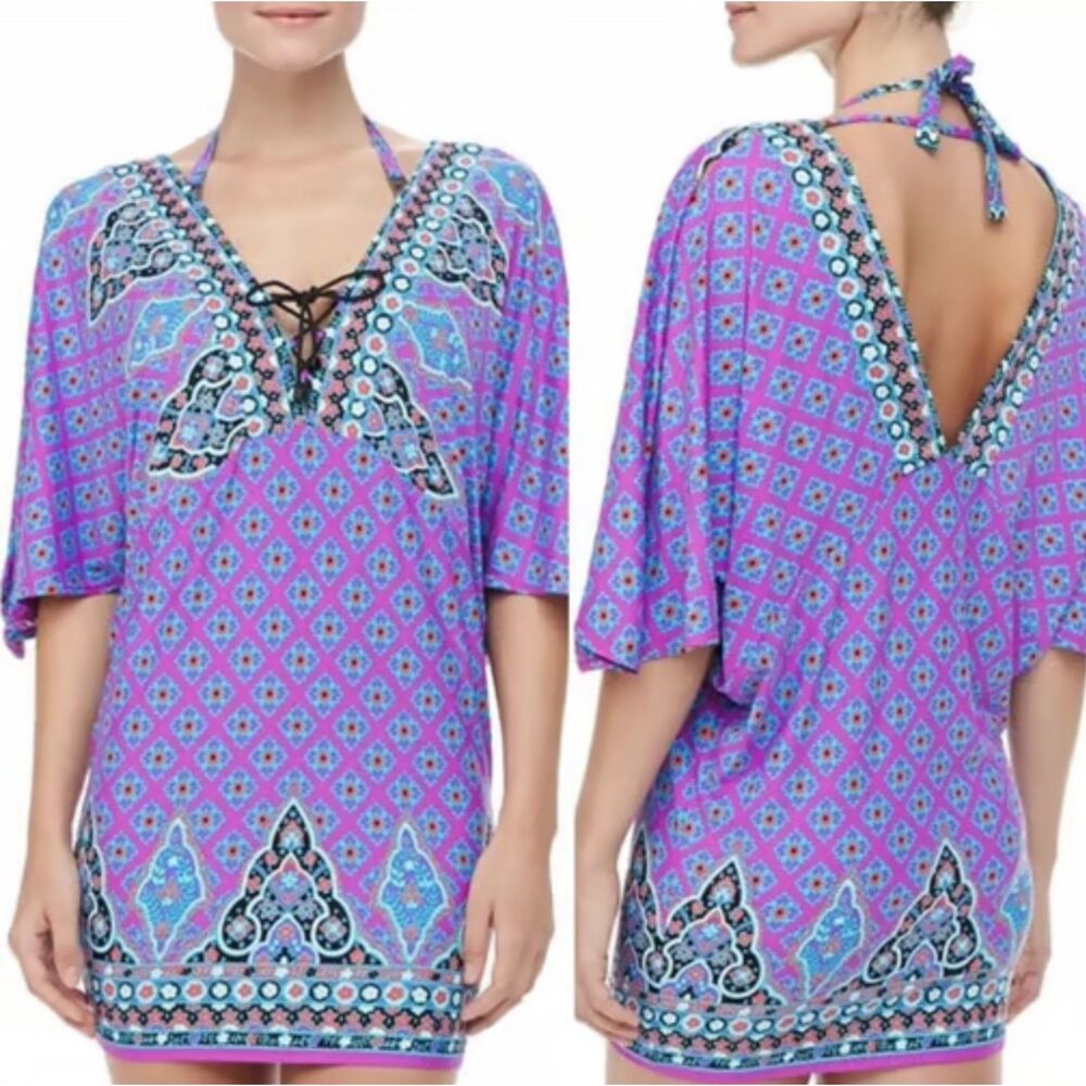 Nanette Lepore swim blouse tunic colorful bohemian Y2K purple casual women's L